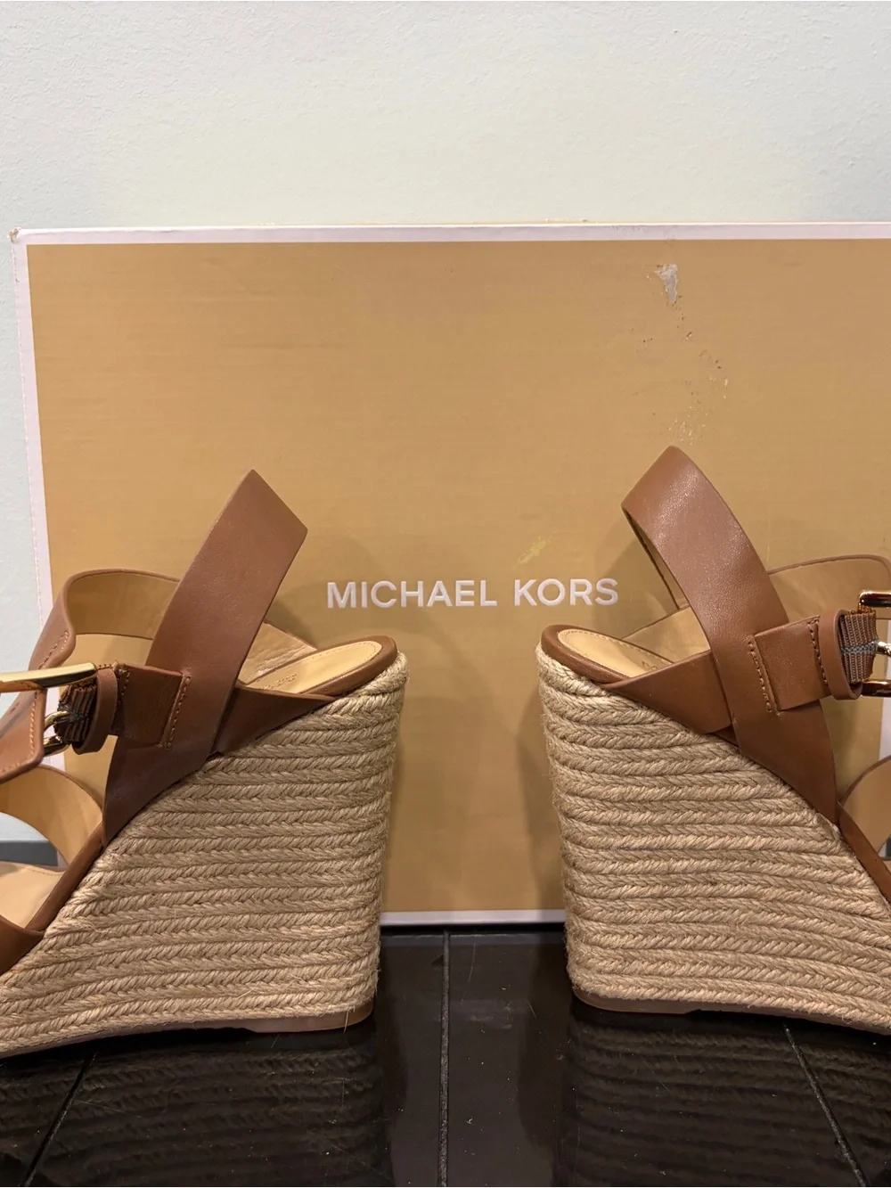 Michael Kors Brown Leather Espadrille Wedge Sandals